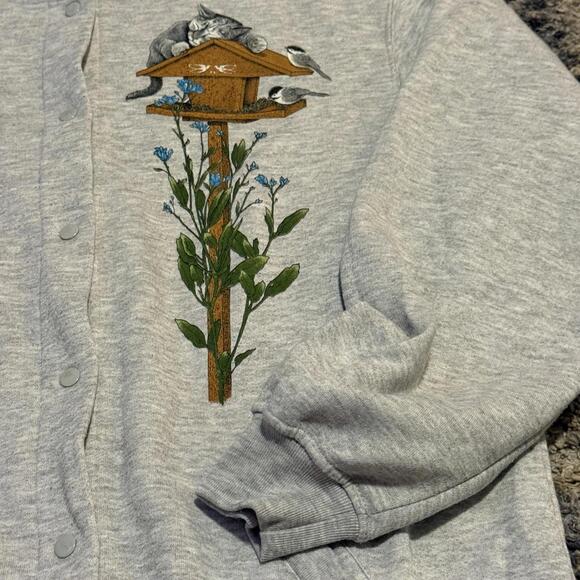 Vintage Cottagecore Birdhouse Embroidered Snap Cardigan Gray Large - Picture 4 of 7